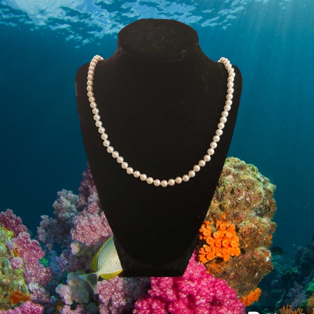 Single Strand Long White Faux Pearl Necklace 24" Silver Tone